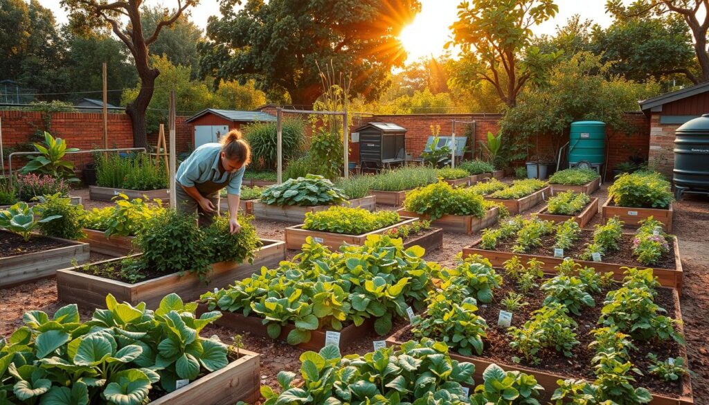 A well-maintained sustainable garden filled with lush, diverse vegetation. In the foreground, a gardener diligently tending to raised garden beds, carefully plucking weeds and pruning plants. The middle ground showcases a variety of thriving crops, including leafy greens, vibrant flowers, and neatly organized herb plots. In the background, a composting station and rainwater harvesting system illustrate practical techniques for a self-sustaining ecosystem. Warm, natural lighting filters through the canopy of fruit trees, casting a serene, earthy atmosphere. The scene conveys a sense of harmony between human stewardship and the abundant, self-replenishing cycles of nature. A well-maintained sustainable garden filled with lush, diverse vegetation. In the foreground, a gardener diligently tending to raised garden beds, carefully plucking weeds and pruning plants. The middle ground showcases a variety of thriving crops, including leafy greens, vibrant flowers, and neatly organized herb plots. In the background, a composting station and rainwater harvesting system illustrate practical techniques for a self-sustaining ecosystem. Warm, natural lighting filters through the canopy of fruit trees, casting a serene, earthy atmosphere. The scene conveys a sense of harmony between human stewardship and the abundant, self-replenishing cycles of nature.