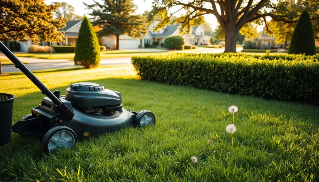 A well-manicured lawn with lush, green grass and a few scattered dandelions. In the foreground, a professional-grade lawn mower, its blades gleaming in the warm afternoon sunlight. In the middle ground, a neatly trimmed hedge, its edges sharp and clean. In the background, a picturesque suburban neighborhood, with well-kept homes and towering trees casting gentle shadows. The scene is bathed in a soft, golden glow, creating a sense of peace and tranquility. The overall mood is one of pride and accomplishment, capturing the satisfaction of a job well done.