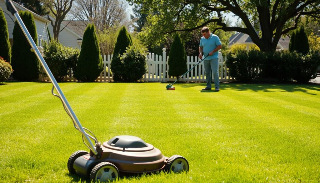 A well-manicured suburban lawn on a sunny spring day, with lush green grass and a freshly mowed pattern. A push mower stands in the foreground, its shiny chrome gleaming under the soft lighting. In the middle ground, a person in casual attire is meticulously trimming the edges with a string trimmer, creating a crisp, clean border. The background features a picket fence, neatly pruned hedges, and a few towering shade trees, creating a sense of peaceful domesticity. The overall scene conveys a tranquil, well-maintained aesthetic, suggesting the potential for a profitable lawn care business.