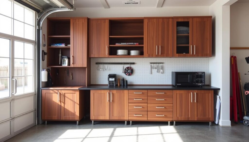 A well-organized and expertly crafted custom garage cabinet system, occupying the full wall space, with a mix of open shelving, enclosed cabinets, and drawers. The cabinets are constructed from durable, high-quality materials like solid wood or laminate, with a sleek, modern design. Sunlight streams in through large windows, casting a warm, natural glow over the scene. The overall layout is both functional and aesthetically pleasing, creating an efficient and organized storage solution for a small garage or shed. A well-organized and expertly crafted custom garage cabinet system, occupying the full wall space, with a mix of open shelving, enclosed cabinets, and drawers. The cabinets are constructed from durable, high-quality materials like solid wood or laminate, with a sleek, modern design. Sunlight streams in through large windows, casting a warm, natural glow over the scene. The overall layout is both functional and aesthetically pleasing, creating an efficient and organized storage solution for a small garage or shed.