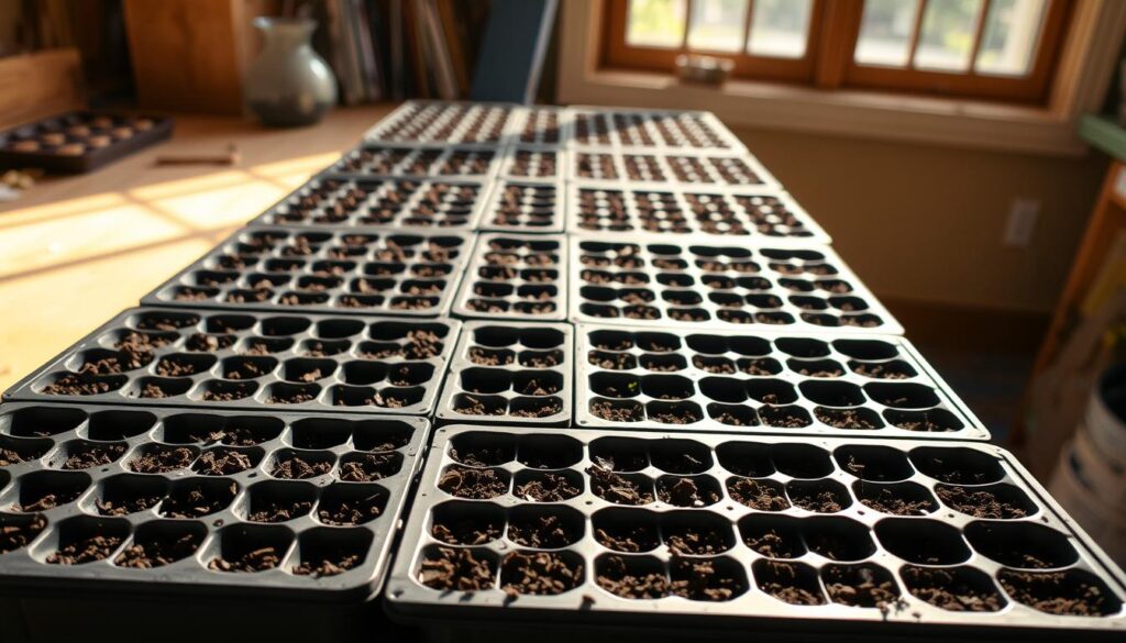 A well-organized array of sturdy plastic seed trays, each divided into numerous compact cells, sit atop a wooden workbench illuminated by warm, natural sunlight filtering through a large window. The trays are filled with a rich, dark soil mixture, ready to nurture the germination and early growth of a diverse array of seedlings. The scene conveys a sense of anticipation and the promise of a bountiful garden to come, captured in a crisp, high-resolution photograph with a shallow depth of field, drawing the viewer's focus to the intricate details of the seed-starting setup. A well-organized array of sturdy plastic seed trays, each divided into numerous compact cells, sit atop a wooden workbench illuminated by warm, natural sunlight filtering through a large window. The trays are filled with a rich, dark soil mixture, ready to nurture the germination and early growth of a diverse array of seedlings. The scene conveys a sense of anticipation and the promise of a bountiful garden to come, captured in a crisp, high-resolution photograph with a shallow depth of field, drawing the viewer's focus to the intricate details of the seed-starting setup.