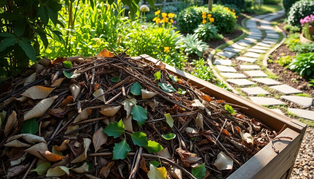 A well-organized compost pile, nestled in a lush garden setting. The foreground features a mix of organic materials - fallen leaves, vegetable scraps, and twigs - layered neatly in a wooden bin. Sunlight filters through the surrounding foliage, casting a warm, earthy glow on the decomposing matter. In the middle ground, verdant plants and flowers thrive, hinting at the nutrient-rich soil created by the compost. The background showcases a tranquil scene, with a stone path winding through a meticulously tended landscape. The overall atmosphere conveys a sense of balance, productivity, and the harmony between nature and human stewardship. A well-organized compost pile, nestled in a lush garden setting. The foreground features a mix of organic materials - fallen leaves, vegetable scraps, and twigs - layered neatly in a wooden bin. Sunlight filters through the surrounding foliage, casting a warm, earthy glow on the decomposing matter. In the middle ground, verdant plants and flowers thrive, hinting at the nutrient-rich soil created by the compost. The background showcases a tranquil scene, with a stone path winding through a meticulously tended landscape. The overall atmosphere conveys a sense of balance, productivity, and the harmony between nature and human stewardship.