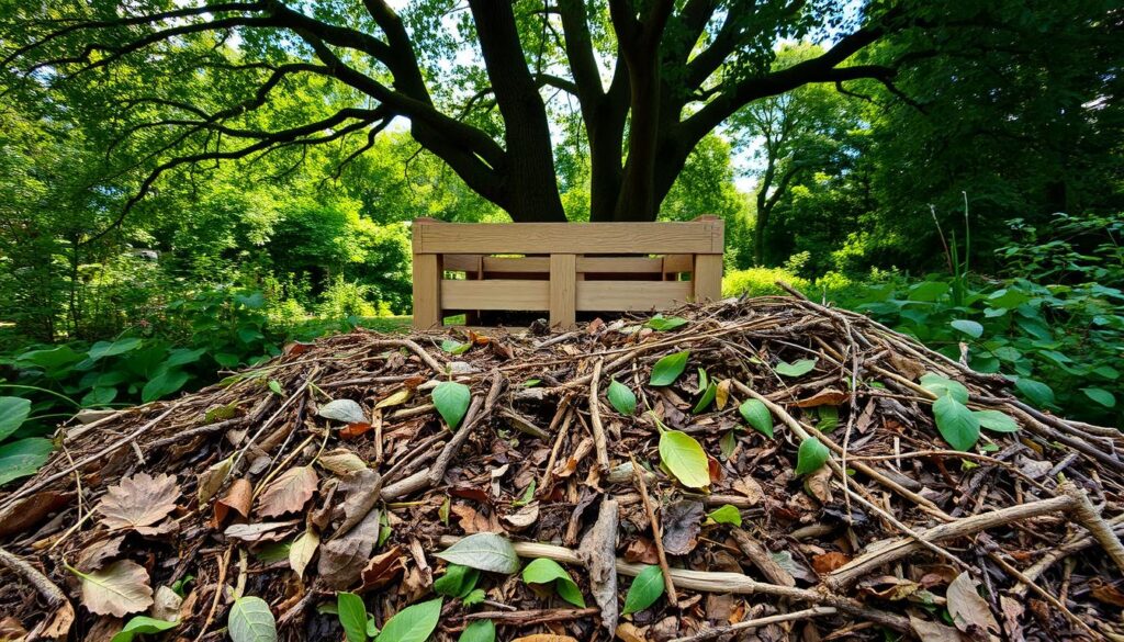 A well-organized compost pile, nestled in a lush, verdant garden setting. In the foreground, layers of organic matter - fallen leaves, vegetable scraps, and shredded branches - are carefully arranged, creating an intricate mosaic of textures and hues. The middle ground features a wooden or metal compost bin, its slats allowing air circulation to facilitate the decomposition process. Dappled sunlight filters through the canopy of mature trees in the background, casting a warm, earthy glow over the scene. The overall atmosphere conveys a sense of harmony, balance, and the natural cycle of life, emphasizing the importance of thoughtfully curating the contents of a thriving compost pile. A well-organized compost pile, nestled in a lush, verdant garden setting. In the foreground, layers of organic matter - fallen leaves, vegetable scraps, and shredded branches - are carefully arranged, creating an intricate mosaic of textures and hues. The middle ground features a wooden or metal compost bin, its slats allowing air circulation to facilitate the decomposition process. Dappled sunlight filters through the canopy of mature trees in the background, casting a warm, earthy glow over the scene. The overall atmosphere conveys a sense of harmony, balance, and the natural cycle of life, emphasizing the importance of thoughtfully curating the contents of a thriving compost pile.