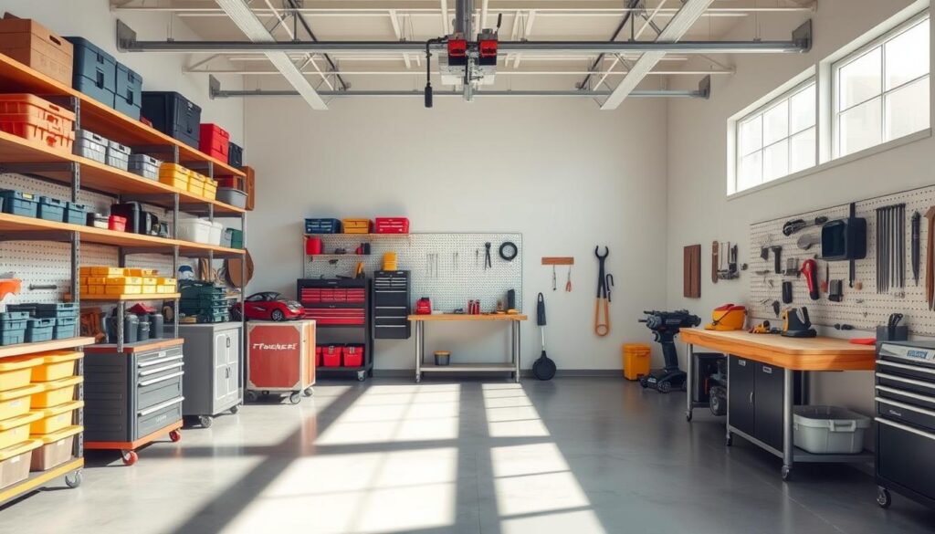 A well-organized garage with designated zones for storage, tools, and workbench. Bright natural lighting streams in through large windows, illuminating neatly arranged shelves, pegboards, and labeled bins. In the foreground, a central clearing provides ample space for easy access and movement. The middle ground features a sturdy workbench with various tools and supplies, while the background showcases a clean, uncluttered layout with a minimalist aesthetic. The overall atmosphere conveys a sense of efficiency, productivity, and a streamlined approach to garage organization. A well-organized garage with designated zones for storage, tools, and workbench. Bright natural lighting streams in through large windows, illuminating neatly arranged shelves, pegboards, and labeled bins. In the foreground, a central clearing provides ample space for easy access and movement. The middle ground features a sturdy workbench with various tools and supplies, while the background showcases a clean, uncluttered layout with a minimalist aesthetic. The overall atmosphere conveys a sense of efficiency, productivity, and a streamlined approach to garage organization.