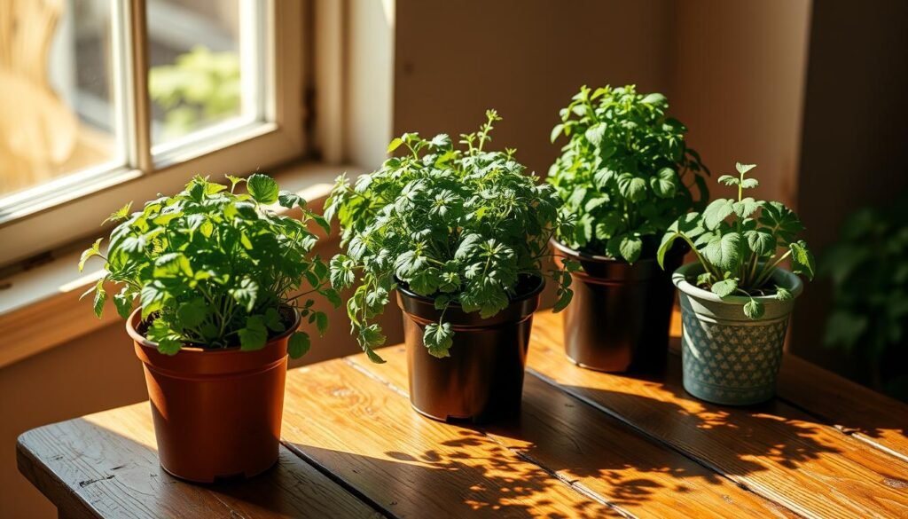 A well-organized herb garden with three distinct planting containers, evenly spaced apart on a wooden table. The containers are filled with lush, vibrant herb plants in various stages of growth, casting soft shadows across the table's weathered surface. Warm, natural lighting filters through a nearby window, creating a serene, earthy atmosphere. The composition emphasizes the importance of proper spacing and container size to prevent overcrowding and ensure the healthy development of each herb. The overall scene conveys a sense of balance, tranquility, and the vital connection between thoughtful gardening practices and thriving herb plants. A well-organized herb garden with three distinct planting containers, evenly spaced apart on a wooden table. The containers are filled with lush, vibrant herb plants in various stages of growth, casting soft shadows across the table's weathered surface. Warm, natural lighting filters through a nearby window, creating a serene, earthy atmosphere. The composition emphasizes the importance of proper spacing and container size to prevent overcrowding and ensure the healthy development of each herb. The overall scene conveys a sense of balance, tranquility, and the vital connection between thoughtful gardening practices and thriving herb plants.