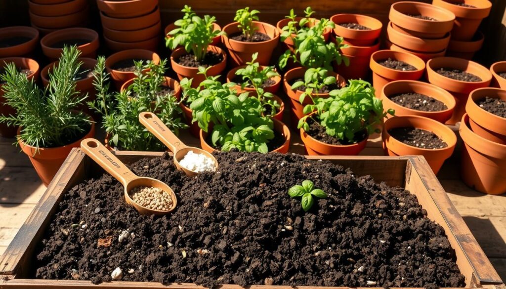 A well-organized potting mix recipe for growing healthy herbs in containers. In the foreground, a wooden crate overflows with a rich, dark soil blend, dotted with scoops of ingredients - compost, perlite, vermiculite, and slow-release fertilizer. Behind it, an array of terracotta pots in various sizes sit ready to be filled. The middle ground features a variety of fresh herb seedlings - rosemary, thyme, basil, and parsley. Warm, natural lighting filters through the scene, creating soft shadows and highlighting the texture of the organic materials. The overall mood is one of nurturing growth and homemade gardening, inviting the viewer to create their own custom potting mix for their herb garden. A well-organized potting mix recipe for growing healthy herbs in containers. In the foreground, a wooden crate overflows with a rich, dark soil blend, dotted with scoops of ingredients - compost, perlite, vermiculite, and slow-release fertilizer. Behind it, an array of terracotta pots in various sizes sit ready to be filled. The middle ground features a variety of fresh herb seedlings - rosemary, thyme, basil, and parsley. Warm, natural lighting filters through the scene, creating soft shadows and highlighting the texture of the organic materials. The overall mood is one of nurturing growth and homemade gardening, inviting the viewer to create their own custom potting mix for their herb garden.