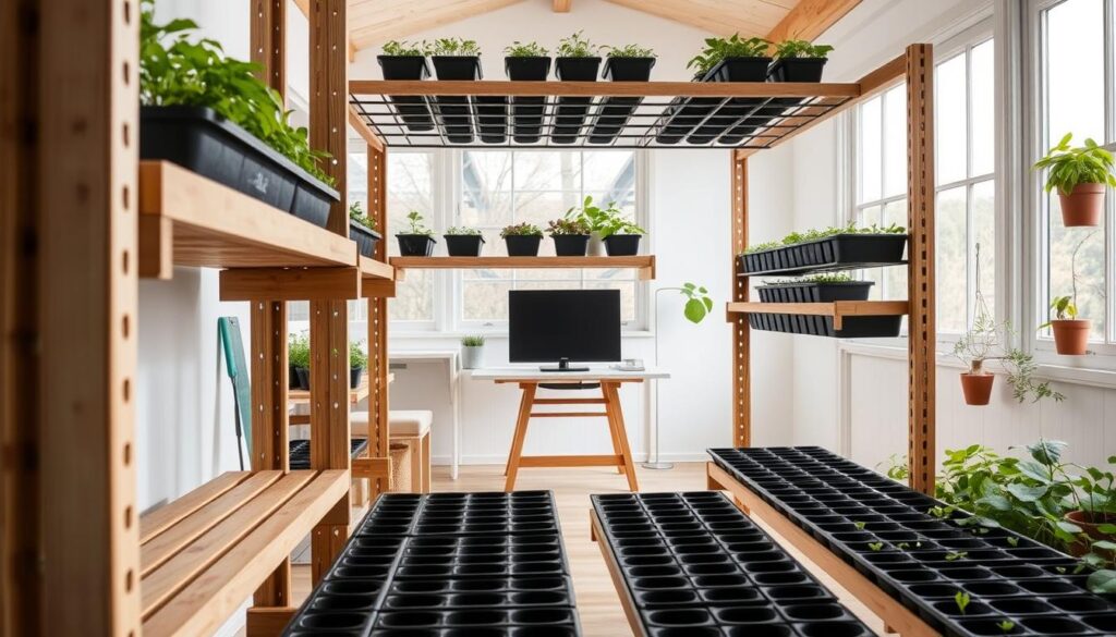 A well-organized, versatile shelving unit designed to hold multiple 1020 seed trays. The foreground features sturdy wooden or metal shelves, spaced apart to accommodate the varying heights of the trays. The middle ground showcases the trays themselves, neatly arranged and easily accessible. The background showcases a clean, minimalist workspace, possibly a home office or potting shed, with ample natural lighting from large windows. The overall mood is one of efficiency, organization, and a passion for gardening, setting the stage for healthy seedling growth. A well-organized, versatile shelving unit designed to hold multiple 1020 seed trays. The foreground features sturdy wooden or metal shelves, spaced apart to accommodate the varying heights of the trays. The middle ground showcases the trays themselves, neatly arranged and easily accessible. The background showcases a clean, minimalist workspace, possibly a home office or potting shed, with ample natural lighting from large windows. The overall mood is one of efficiency, organization, and a passion for gardening, setting the stage for healthy seedling growth.