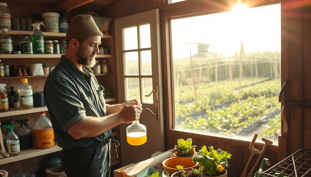 A well-stocked organic farm shed with shelves of natural pest repellents, homemade sprays, and eco-friendly gardening tools. Sunlight streams in through a large window, casting a warm glow on the rustic wooden interior. In the foreground, a farmer carefully measures out a natural insecticidal solution, while in the background, rows of thriving crops can be seen through the window, reflecting the safe and sustainable approach to pest management. The overall mood is one of diligence, responsibility, and a deep respect for the environment. A well-stocked organic farm shed with shelves of natural pest repellents, homemade sprays, and eco-friendly gardening tools. Sunlight streams in through a large window, casting a warm glow on the rustic wooden interior. In the foreground, a farmer carefully measures out a natural insecticidal solution, while in the background, rows of thriving crops can be seen through the window, reflecting the safe and sustainable approach to pest management. The overall mood is one of diligence, responsibility, and a deep respect for the environment.