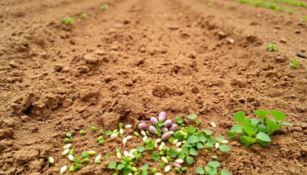 A well-tended cover crop seed bed, rich soil with a warm, earthy hue, freshly tilled and ready for planting. In the foreground, a scattering of diverse seeds - vibrant clover, sturdy rye, and lush vetch - awaiting their chance to take root and enrich the land. The middle ground offers a glimpse of the garden's edge, hinting at the abundant growth to come. Overhead, a soft, diffused light illuminates the scene, casting gentle shadows that accentuate the textural details of the soil. This tranquil, inviting composition captures the essence of the planting process, a vital step in cultivating a thriving, naturally fertilized garden. A well-tended cover crop seed bed, rich soil with a warm, earthy hue, freshly tilled and ready for planting. In the foreground, a scattering of diverse seeds - vibrant clover, sturdy rye, and lush vetch - awaiting their chance to take root and enrich the land. The middle ground offers a glimpse of the garden's edge, hinting at the abundant growth to come. Overhead, a soft, diffused light illuminates the scene, casting gentle shadows that accentuate the textural details of the soil. This tranquil, inviting composition captures the essence of the planting process, a vital step in cultivating a thriving, naturally fertilized garden.