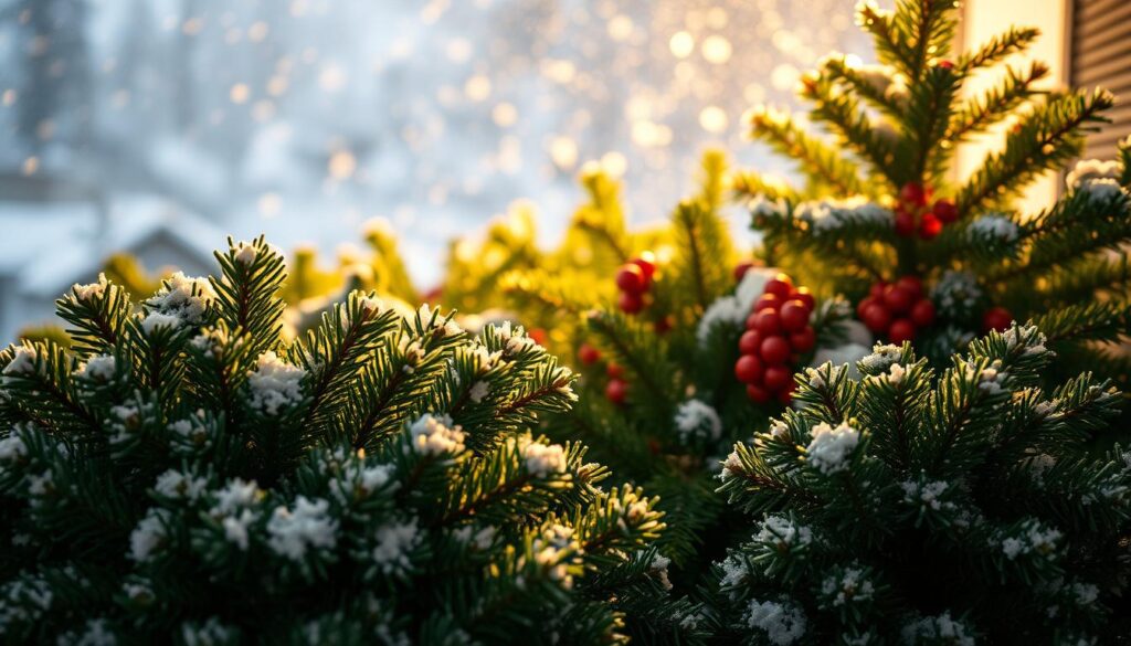 A winter wonderland of lush evergreen foliage, softly illuminated by a warm, golden glow. In the foreground, a cluster of snow-dusted fir branches, their needles glistening with icy crystals. The middle ground features a mix of pine, cedar, and holly, their deep greens and vibrant berries creating a striking contrast against the neutral backdrop. In the distance, a gentle snowfall dances in the air, lending an ethereal, dreamlike quality to the scene. The lighting is subtle and atmospheric, casting a cozy, inviting ambiance that evokes the essence of a cozy, winter container garden. Captured with a shallow depth of field, drawing the viewer's eye to the captivating details of the evergreen flora. A winter wonderland of lush evergreen foliage, softly illuminated by a warm, golden glow. In the foreground, a cluster of snow-dusted fir branches, their needles glistening with icy crystals. The middle ground features a mix of pine, cedar, and holly, their deep greens and vibrant berries creating a striking contrast against the neutral backdrop. In the distance, a gentle snowfall dances in the air, lending an ethereal, dreamlike quality to the scene. The lighting is subtle and atmospheric, casting a cozy, inviting ambiance that evokes the essence of a cozy, winter container garden. Captured with a shallow depth of field, drawing the viewer's eye to the captivating details of the evergreen flora.
