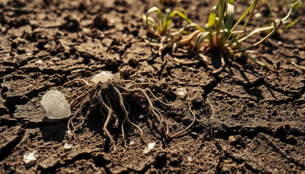 A withered, cracked soil surface reveals the damaging effects of excess nutrient buildup. In the foreground, salt crystals glisten, a testament to the soil's salinization. Stunted, discolored roots struggle to penetrate the hardened ground, while the background displays stunted, wilting plant growth, a visual representation of nutrient stress. The scene is captured under harsh, directional lighting, casting stark shadows and emphasizing the harsh, desolate atmosphere. A subtle sepia tone lends an aged, weathered quality, further accentuating the environmental decay. This carefully composed image conveys the detrimental impact of over-fertilization on soil health, root development, and overall plant vitality.