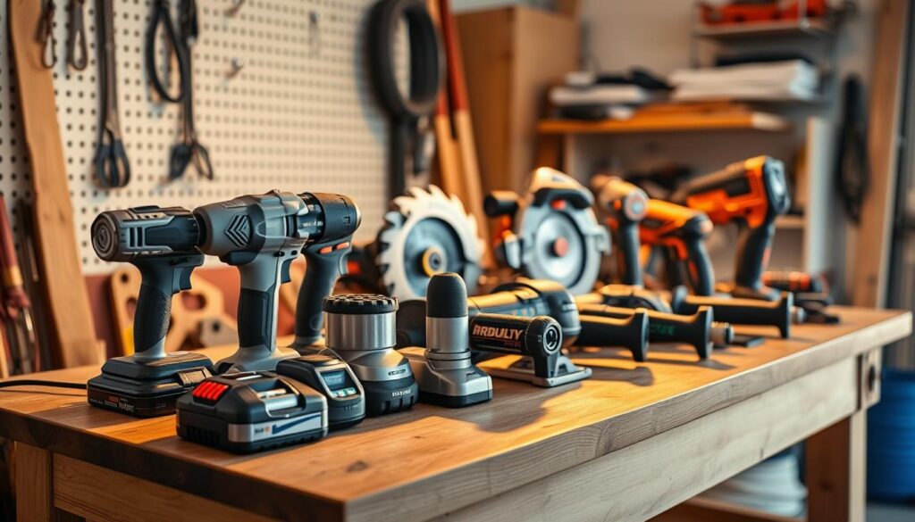 An assortment of power tools neatly arranged on a sturdy wooden workbench, bathed in warm, directional lighting that highlights their intricate details. The foreground features a cordless drill, an orbital sander, and a jigsaw, their metallic bodies gleaming. In the middle ground, a circular saw and a rotary tool stand upright, ready for action. The background subtly implies a well-organized garage or small shed, with pegboard hooks and shelves visible, suggesting ample storage solutions to keep these essential tools within easy reach. An assortment of power tools neatly arranged on a sturdy wooden workbench, bathed in warm, directional lighting that highlights their intricate details. The foreground features a cordless drill, an orbital sander, and a jigsaw, their metallic bodies gleaming. In the middle ground, a circular saw and a rotary tool stand upright, ready for action. The background subtly implies a well-organized garage or small shed, with pegboard hooks and shelves visible, suggesting ample storage solutions to keep these essential tools within easy reach.