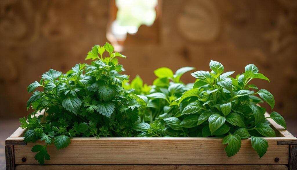 An autumn-themed still life composition showcasing fresh cilantro and basil herbs against a backdrop of earthy textures. The plants are displayed in a rustic wooden crate, illuminated by soft, natural lighting from a window. The composition is arranged to highlight the contrasting colors and shapes of the herbs, creating a sense of seasonal transition. The overall mood is one of serene, understated elegance, reflecting the nuanced timing and care required for growing these flavorful culinary herbs. An autumn-themed still life composition showcasing fresh cilantro and basil herbs against a backdrop of earthy textures. The plants are displayed in a rustic wooden crate, illuminated by soft, natural lighting from a window. The composition is arranged to highlight the contrasting colors and shapes of the herbs, creating a sense of seasonal transition. The overall mood is one of serene, understated elegance, reflecting the nuanced timing and care required for growing these flavorful culinary herbs.