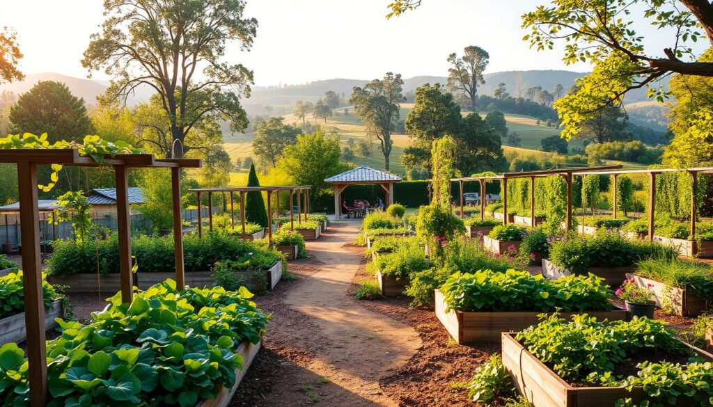 An expansive community garden nestled in a lush, verdant setting. In the foreground, raised garden beds overflowing with a vibrant array of leafy greens, vibrant flowers, and bountiful vegetables. Rustic wooden trellises support thriving vines, their tendrils reaching towards the sun. Winding paths meander through the space, inviting visitors to explore and connect with the land. The middle ground reveals a gathering area with a central gazebo, where community members sit and share meals, swap gardening tips, and cultivate a sense of togetherness. In the background, a backdrop of towering trees and rolling hills, creating a tranquil, secluded atmosphere that fosters a deep appreciation for the natural world. Warm, golden sunlight filters through the canopy, casting a gentle glow over the entire scene. An atmosphere of community, sustainability, and harmony pervades the space.