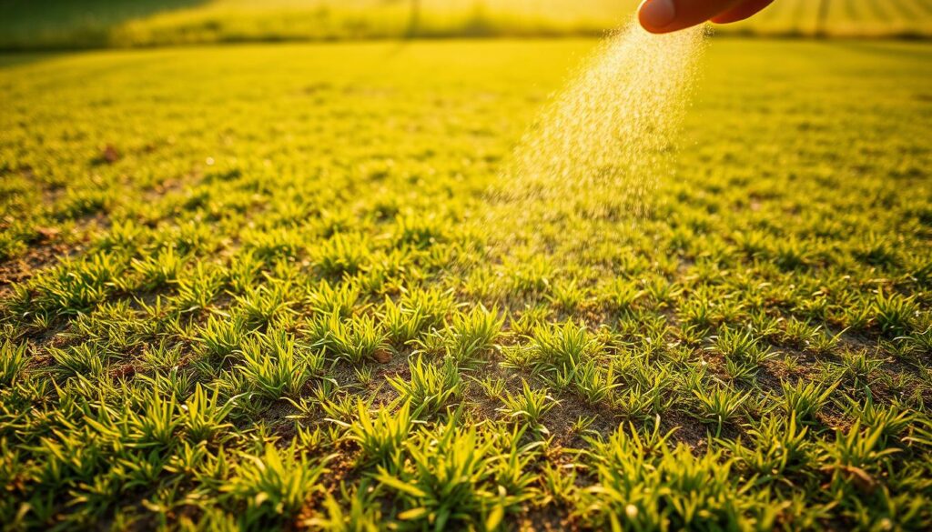 An expansive, lush lawn with patches of thin, sparse grass. In the foreground, the ground is dotted with tiny grass seedlings, their green blades pushing through the soil. The middle ground reveals the existing lawn, its texture uneven, with bare spots and thin areas. Warm, golden sunlight filters through, casting a soft, natural glow. A hand-held seed spreader moves across the lawn, dispersing a fine mist of new grass seed over the thin areas, gently blanketing the surface. The background showcases a verdant, thriving landscape, hinting at the potential for a revitalized, flourishing lawn. Cinematic, wide-angle lens, natural lighting. An expansive, lush lawn with patches of thin, sparse grass. In the foreground, the ground is dotted with tiny grass seedlings, their green blades pushing through the soil. The middle ground reveals the existing lawn, its texture uneven, with bare spots and thin areas. Warm, golden sunlight filters through, casting a soft, natural glow. A hand-held seed spreader moves across the lawn, dispersing a fine mist of new grass seed over the thin areas, gently blanketing the surface. The background showcases a verdant, thriving landscape, hinting at the potential for a revitalized, flourishing lawn. Cinematic, wide-angle lens, natural lighting.