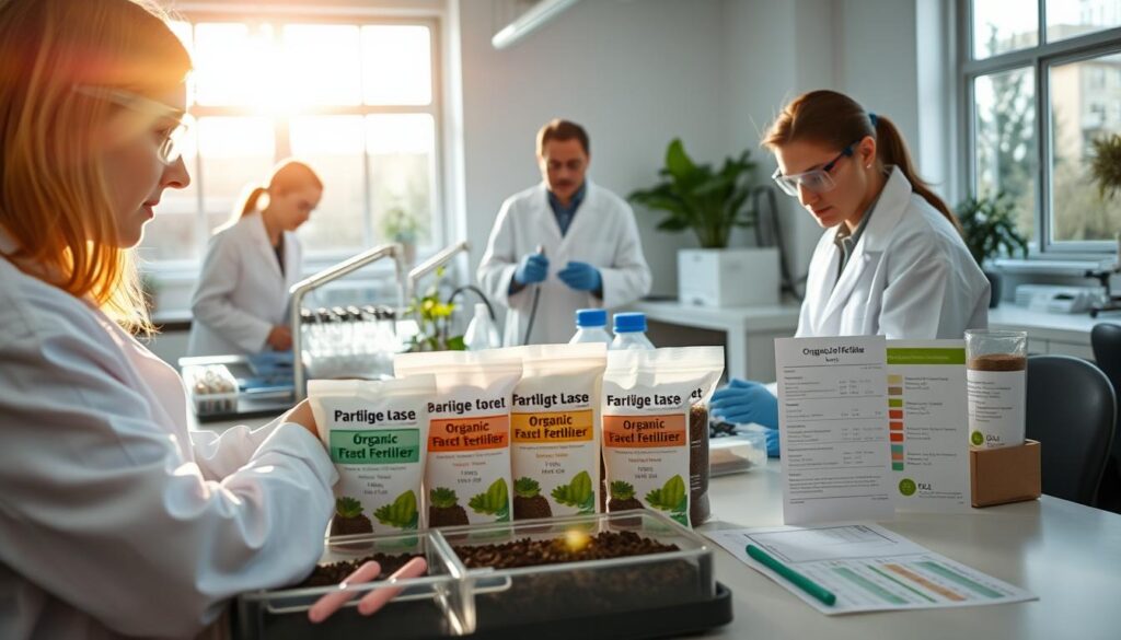 An indoor laboratory setting with various organic fertilizer samples, soil test kits, and scientific equipment. A team of researchers in lab coats and goggles meticulously analyzing and evaluating the fertilizer products on a clean, well-lit workspace. Sunlight streams in through large windows, casting a warm glow over the scene. Detailed close-up shots of the fertilizer packaging, nutrient content charts, and test result notes. The overall mood is one of careful, systematic investigation to determine the quality and effectiveness of the organic fertilizers. An indoor laboratory setting with various organic fertilizer samples, soil test kits, and scientific equipment. A team of researchers in lab coats and goggles meticulously analyzing and evaluating the fertilizer products on a clean, well-lit workspace. Sunlight streams in through large windows, casting a warm glow over the scene. Detailed close-up shots of the fertilizer packaging, nutrient content charts, and test result notes. The overall mood is one of careful, systematic investigation to determine the quality and effectiveness of the organic fertilizers.