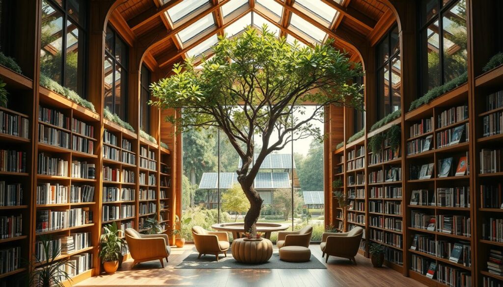 An inspiring library nestled in a lush, solarpunk garden. In the foreground, a grand, atrium-style entrance with floor-to-ceiling windows that flood the space with warm, natural light. Wooden shelves line the walls, overflowing with books on sustainable design, green architecture, and renewable energy. A central seating area features comfortable, organic-shaped chairs and a large, potted tree that stretches towards the skylight above. In the background, a view of the verdant garden, with flowering plants, solar panels, and a tranquil pond. The atmosphere is one of contemplation, innovation, and a harmonious balance between nature and technology.