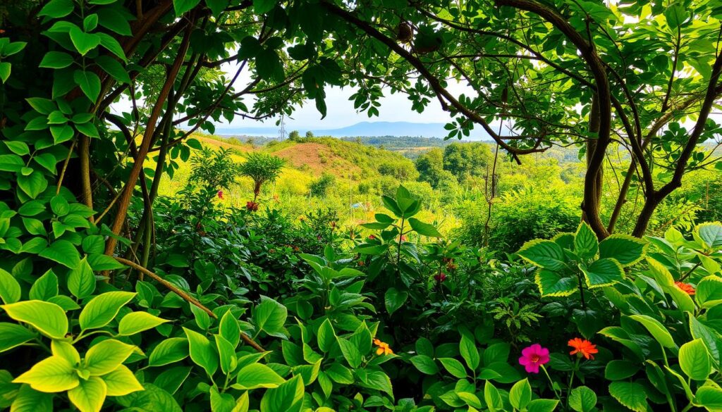 An intricate tapestry of natural patterns, a vibrant garden in harmony with its surroundings. In the foreground, undulating swirls of lush foliage intertwine, creating a mesmerizing visual rhythm. Vibrant hues of green, punctuated by the occasional burst of color from blooming flowers, invite the viewer to explore the intricate web of life. The middle ground showcases a diverse array of plants, each occupying its own niche, yet working in symbiosis to cultivate a thriving ecosystem. In the background, a gentle slope leads the eye towards a distant horizon, where the sky blends seamlessly with the earth, showcasing the interconnectedness of all things. Warm, natural lighting filters through the canopy, casting a serene and nurturing atmosphere over the entire scene. An intricate tapestry of natural patterns, a vibrant garden in harmony with its surroundings. In the foreground, undulating swirls of lush foliage intertwine, creating a mesmerizing visual rhythm. Vibrant hues of green, punctuated by the occasional burst of color from blooming flowers, invite the viewer to explore the intricate web of life. The middle ground showcases a diverse array of plants, each occupying its own niche, yet working in symbiosis to cultivate a thriving ecosystem. In the background, a gentle slope leads the eye towards a distant horizon, where the sky blends seamlessly with the earth, showcasing the interconnectedness of all things. Warm, natural lighting filters through the canopy, casting a serene and nurturing atmosphere over the entire scene.