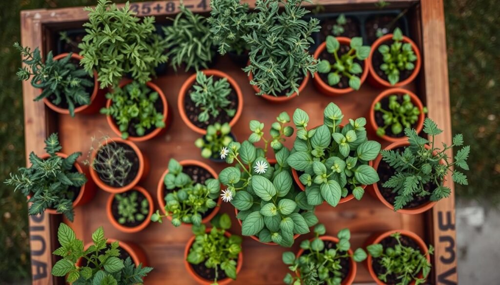An overhead view of a well-organized herb garden, showcasing the thoughtful placement and spacing of potted plants. The foreground features a variety of healthy herb specimens, their vibrant green leaves and delicate flowers arranged in harmonious clusters. The middle ground depicts the pots themselves, their terracotta hues and varying sizes creating a visually appealing composition. The background subtly blurs into a soft, natural setting, perhaps a wooden planter box or a neatly trimmed lawn, allowing the focus to remain on the carefully curated herb arrangement. Soft, diffused lighting casts gentle shadows, accentuating the textural details of the plants and pots. The overall scene exudes a sense of order, balance, and a deep appreciation for the art of herb gardening. An overhead view of a well-organized herb garden, showcasing the thoughtful placement and spacing of potted plants. The foreground features a variety of healthy herb specimens, their vibrant green leaves and delicate flowers arranged in harmonious clusters. The middle ground depicts the pots themselves, their terracotta hues and varying sizes creating a visually appealing composition. The background subtly blurs into a soft, natural setting, perhaps a wooden planter box or a neatly trimmed lawn, allowing the focus to remain on the carefully curated herb arrangement. Soft, diffused lighting casts gentle shadows, accentuating the textural details of the plants and pots. The overall scene exudes a sense of order, balance, and a deep appreciation for the art of herb gardening.