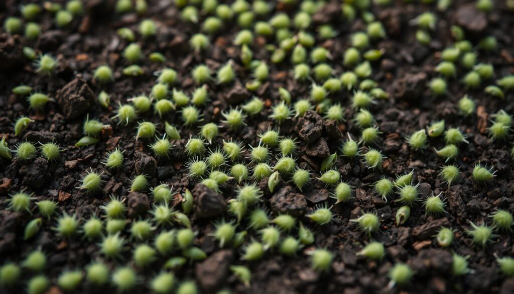 Closeup of fresh green grass seed heads, evenly dispersed across a dark soil background. Soft, diffuse natural lighting illuminates the textured, fuzzy seeds from above, creating a sense of depth and dimension. The seeds are depicted in sharp focus, with a shallow depth of field blurring the soil plane behind. A sense of lush potential and the promise of a thriving lawn is conveyed through the delicate, verdant hues and intricate details of the individual seed heads. Closeup of fresh green grass seed heads, evenly dispersed across a dark soil background. Soft, diffuse natural lighting illuminates the textured, fuzzy seeds from above, creating a sense of depth and dimension. The seeds are depicted in sharp focus, with a shallow depth of field blurring the soil plane behind. A sense of lush potential and the promise of a thriving lawn is conveyed through the delicate, verdant hues and intricate details of the individual seed heads.