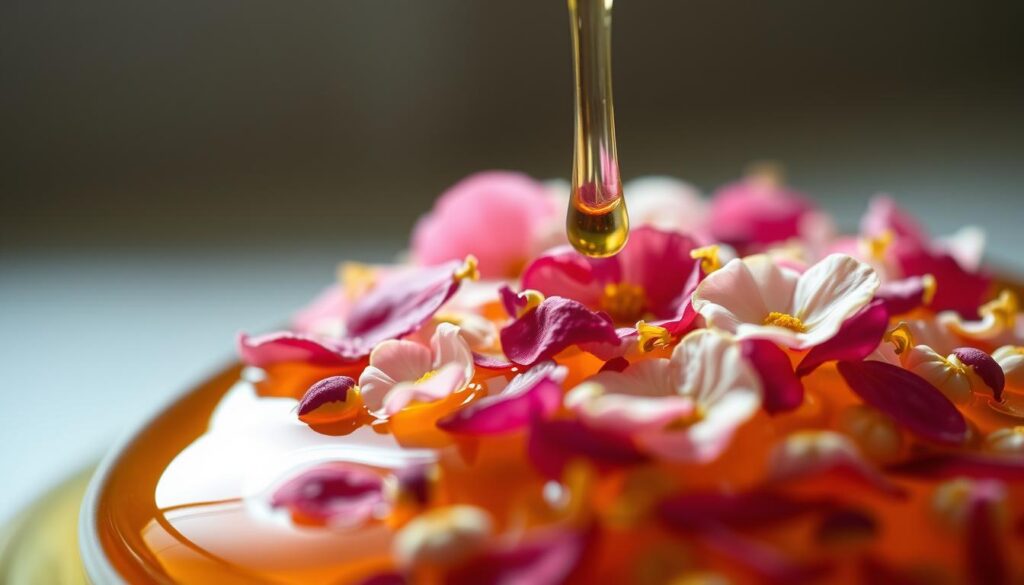 Delicate, vibrant petals suspended in a translucent, golden syrup. Meticulously crafted with a focus on capturing the essence of nature's sweetness. Backlit by soft, diffused lighting, illuminating the intricate textures and delicate hues of the floral elements. Captured in a high-resolution, close-up perspective, revealing the depth and complexity of this artisanal elixir. The scene exudes a sense of refined elegance and natural beauty, perfectly suited to adorn the pages of a culinary masterpiece.