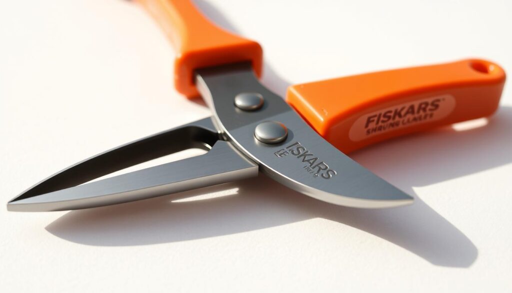 Detailed, close-up image of a pair of Fiskars pruning shears on a clean, simple background. The shears are in sharp focus, with a sleek, modern design featuring high-quality stainless steel blades and vibrant orange handles. The lighting is natural, casting soft shadows that accentuate the sharpness and precision of the tool. The angle is slightly elevated, providing a clear, unobstructed view of the shears. The overall mood is one of quality, functionality, and attention to detail - highlighting the shears as a practical, affordable, and reliable gardening essential. Detailed, close-up image of a pair of Fiskars pruning shears on a clean, simple background. The shears are in sharp focus, with a sleek, modern design featuring high-quality stainless steel blades and vibrant orange handles. The lighting is natural, casting soft shadows that accentuate the sharpness and precision of the tool. The angle is slightly elevated, providing a clear, unobstructed view of the shears. The overall mood is one of quality, functionality, and attention to detail - highlighting the shears as a practical, affordable, and reliable gardening essential.