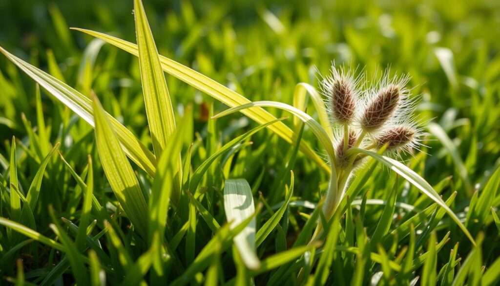 Detailed close-up of crabgrass leaves and seed heads on a lush green lawn, illuminated by soft natural lighting. Delicate blades with distinctive parallel veins and a light green or purplish hue, standing out against the surrounding turf. Hairy seed stalks with spiked clusters emerging from the base of the plant. Crisp focus on the distinctive botanical features, shot from an angle that emphasizes the texture and intricate structure. Convey a sense of careful observation and examination to enable accurate identification of this common lawn weed. Detailed close-up of crabgrass leaves and seed heads on a lush green lawn, illuminated by soft natural lighting. Delicate blades with distinctive parallel veins and a light green or purplish hue, standing out against the surrounding turf. Hairy seed stalks with spiked clusters emerging from the base of the plant. Crisp focus on the distinctive botanical features, shot from an angle that emphasizes the texture and intricate structure. Convey a sense of careful observation and examination to enable accurate identification of this common lawn weed.