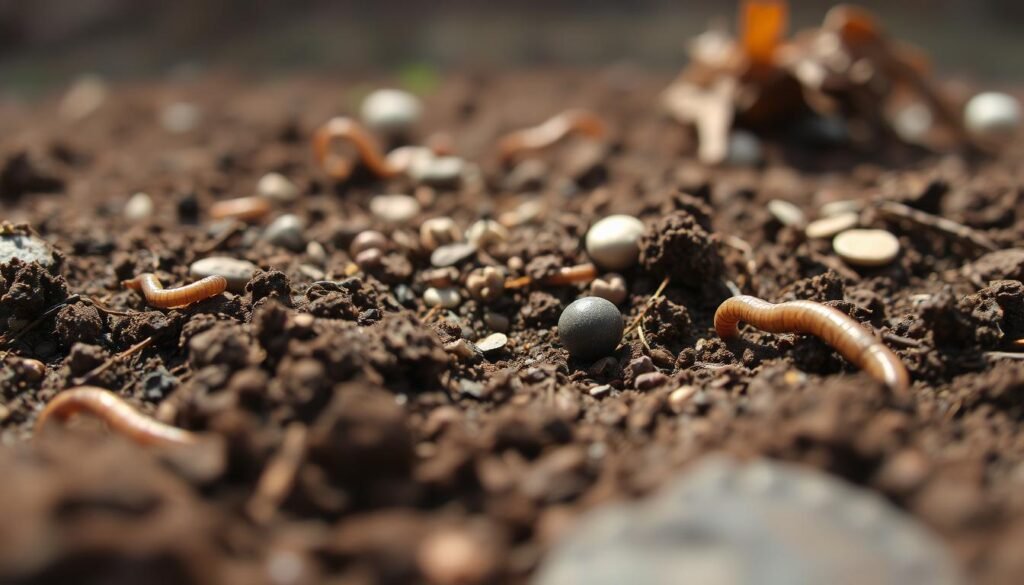 Detailed close-up of rich, dark brown soil texture in the foreground, with organic matter and earthworms visible. The middle ground features a mix of different-sized soil particles, pebbles, and decomposing plant matter. In the background, a neutral, soft-focus blur, creating a sense of depth and focus on the textural elements. Warm, diffused natural lighting illuminates the scene, highlighting the earthy tones and creating subtle shadows. Captured with a macro lens at a slightly low angle to emphasize the tactile, immersive quality of the soil. Detailed close-up of rich, dark brown soil texture in the foreground, with organic matter and earthworms visible. The middle ground features a mix of different-sized soil particles, pebbles, and decomposing plant matter. In the background, a neutral, soft-focus blur, creating a sense of depth and focus on the textural elements. Warm, diffused natural lighting illuminates the scene, highlighting the earthy tones and creating subtle shadows. Captured with a macro lens at a slightly low angle to emphasize the tactile, immersive quality of the soil.