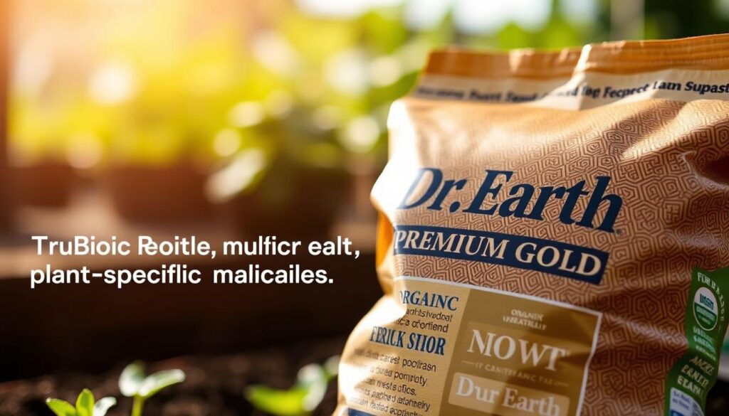 Detailed close-up shot of a bag of Dr. Earth Premium Gold organic fertilizer, showcasing the product's packaging and branding. The bag is prominently displayed in the foreground, with a warm, natural lighting that highlights the rich, earthy tones and the intricate textured design. The background is blurred, creating a sense of focus on the product. The image conveys the high-quality, plant-specific, and soil health-focused nature of the Dr. Earth brand, aligning with the section title "Dr. Earth: TruBiotic microbes, plant-specific formulas, and soil health". Detailed close-up shot of a bag of Dr. Earth Premium Gold organic fertilizer, showcasing the product's packaging and branding. The bag is prominently displayed in the foreground, with a warm, natural lighting that highlights the rich, earthy tones and the intricate textured design. The background is blurred, creating a sense of focus on the product. The image conveys the high-quality, plant-specific, and soil health-focused nature of the Dr. Earth brand, aligning with the section title "Dr. Earth: TruBiotic microbes, plant-specific formulas, and soil health".