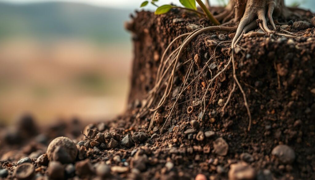 Detailed macro photograph of soil cross-section, revealing the complex chemistry and structure. The foreground shows a close-up view of soil particles, minerals, and organic matter, with varying hues of brown, red, and black. The middle ground depicts root systems intertwined with the soil, highlighting the symbiotic relationship. In the background, a diffused, softly-lit landscape conveys a sense of depth and natural setting. Captured with a high-resolution camera and a shallow depth of field, emphasizing the intricate textures and subtle gradients within the soil matrix. The overall mood is one of scientific curiosity and appreciation for the hidden wonder of the earth's foundation.