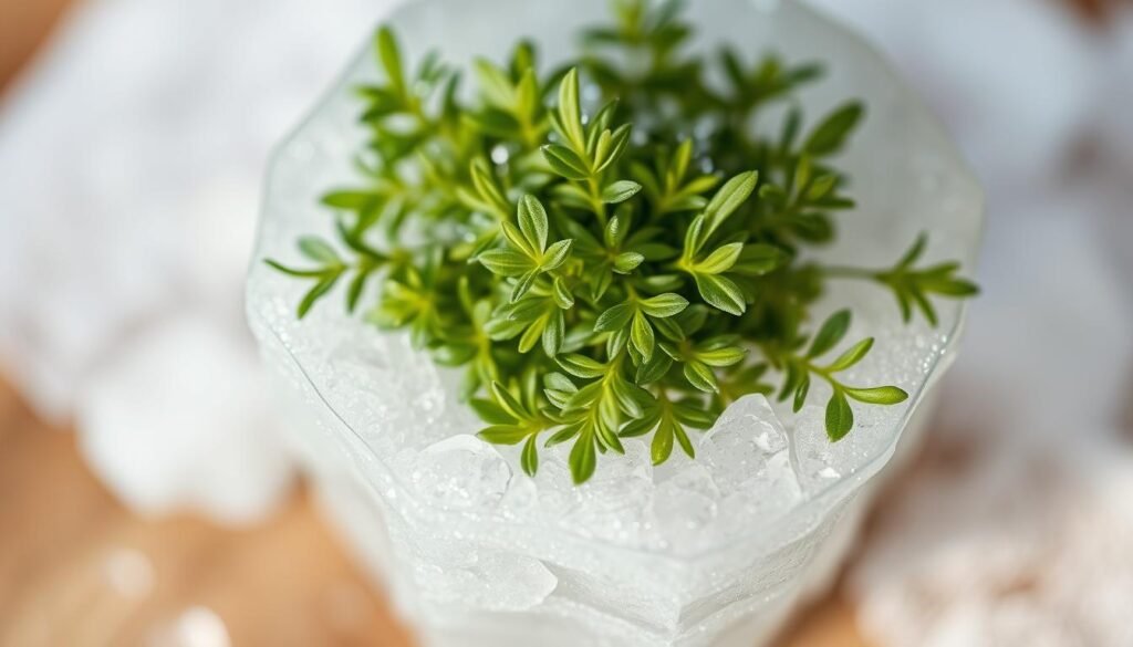 Freezing delicate herbs, their vibrant green leaves gently encased in a layer of clear ice. Soft, diffused lighting casts a serene, ethereal glow, highlighting the intricate textures and delicate structures. A shallow depth of field draws the viewer's focus to the central cluster of herbs, while the blurred background suggests a minimalist, nature-inspired setting. The overall atmosphere conveys a sense of preservation, where the herbs' essence is captured and protected, ready to be thawed and enjoyed with their flavor intact. A close-up, high-angle perspective emphasizes the fragile beauty of these culinary treasures, frozen in time.