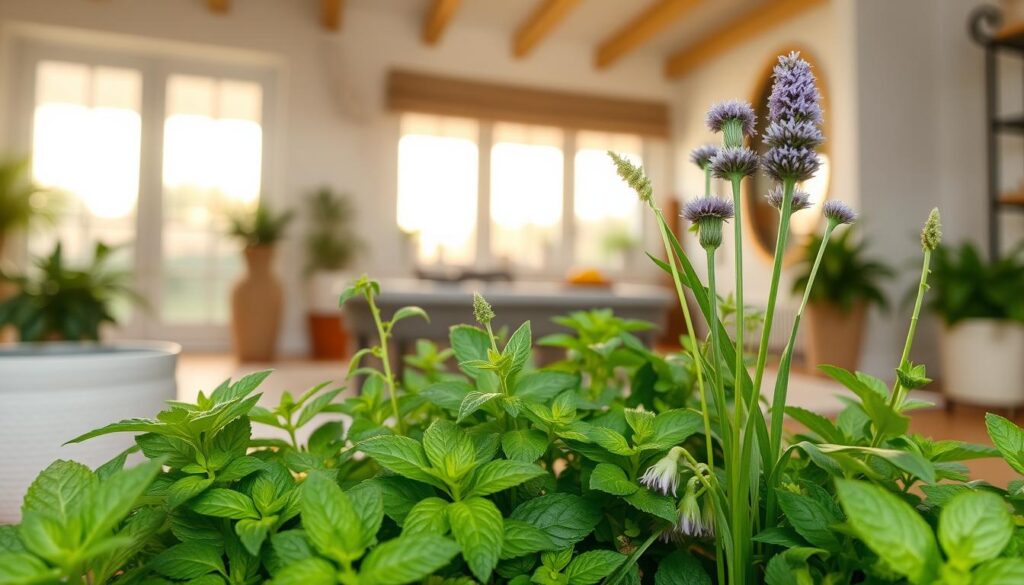 Lush, verdant indoor herb garden. Foreground: vibrant mint leaves, lemon balm sprigs, and chive stalks with delicate purple florets. Middle ground: warm, indirect lighting filters through large windows, casting a soft, natural glow. Background: simple, neutral-toned ceramic pots and minimal decor, allowing the herbs to be the focal point. Crisp, clean composition with a sense of tranquility and freshness. Emphasis on the shades of green, accented by the pop of purple. Evokes a calm, serene atmosphere perfect for an indoor low-light herb garden. Lush, verdant indoor herb garden. Foreground: vibrant mint leaves, lemon balm sprigs, and chive stalks with delicate purple florets. Middle ground: warm, indirect lighting filters through large windows, casting a soft, natural glow. Background: simple, neutral-toned ceramic pots and minimal decor, allowing the herbs to be the focal point. Crisp, clean composition with a sense of tranquility and freshness. Emphasis on the shades of green, accented by the pop of purple. Evokes a calm, serene atmosphere perfect for an indoor low-light herb garden.
