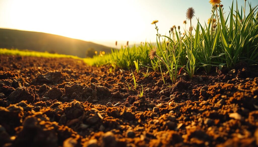 Lush, verdant landscape bathed in warm, golden sunlight. Foreground: Crumbling, nutrient-rich soil teeming with earthworms and microorganisms, transforming from barren to vibrant. Midground: Flourishing, diverse vegetation - grasses, wildflowers, and young saplings taking root. Background: Gently rolling hills, with a hint of a distant, hazy horizon. Composition: Low, wide-angle lens captures the scale and depth of the transformation, emphasizing the dramatic shift from desolation to thriving life. Atmosphere: Serene, hopeful, a sense of renewal and regeneration. The image conveys the remarkable change a single season can bring to reclaimed, once-barren ground. Lush, verdant landscape bathed in warm, golden sunlight. Foreground: Crumbling, nutrient-rich soil teeming with earthworms and microorganisms, transforming from barren to vibrant. Midground: Flourishing, diverse vegetation - grasses, wildflowers, and young saplings taking root. Background: Gently rolling hills, with a hint of a distant, hazy horizon. Composition: Low, wide-angle lens captures the scale and depth of the transformation, emphasizing the dramatic shift from desolation to thriving life. Atmosphere: Serene, hopeful, a sense of renewal and regeneration. The image conveys the remarkable change a single season can bring to reclaimed, once-barren ground.