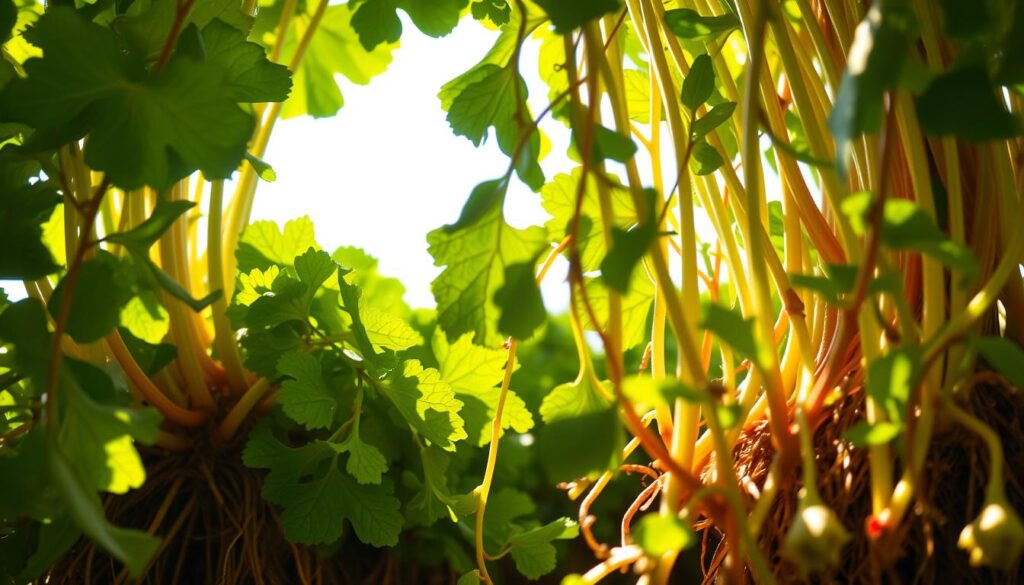 Lush, verdant leaves cascading from vibrant, root-to-stem edible plants, capturing the essence of zero-waste cooking. A crisp, natural lighting illuminates the delicate textures and rich, earthy hues, showcasing the plant's vibrant foliage in a serene, tranquil setting. Photographed from a low angle, the leaves fill the frame, creating a sense of abundance and the abundance of nature's bounty. The composition emphasizes the interconnectedness of the plant, from the underground roots to the flourishing stems and leaves, embodying the concept of "root-to-stem" eating.