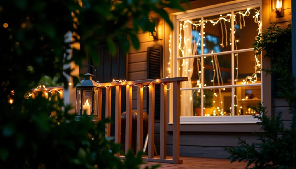 Porch and window, bathed in a warm, inviting glow. Soft fairy lights draped along the railing, casting a subtle shimmer across the wooden surface. In the foreground, a series of lanterns flicker, their flames dancing and casting dynamic shadows. Lush greenery frames the scene, creating a cozy, natural ambiance. The window is adorned with delicate string lights, their sparkles reflected in the glass, inviting passersby to peer inside. The overall atmosphere is one of festive cheer and holiday charm, perfectly suited for the joyful season. Porch and window, bathed in a warm, inviting glow. Soft fairy lights draped along the railing, casting a subtle shimmer across the wooden surface. In the foreground, a series of lanterns flicker, their flames dancing and casting dynamic shadows. Lush greenery frames the scene, creating a cozy, natural ambiance. The window is adorned with delicate string lights, their sparkles reflected in the glass, inviting passersby to peer inside. The overall atmosphere is one of festive cheer and holiday charm, perfectly suited for the joyful season.