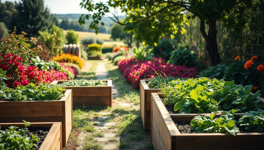 Raised garden beds in a bright, well-lit outdoor setting. The foreground features several rectangular wooden planters, filled with lush, verdant plants and vegetables. The middle ground showcases a neatly maintained path, flanked by colorful flowering plants that create a vibrant, serene atmosphere. In the background, a picturesque garden scene unfolds, with trees, shrubs, and a hint of a distant horizon, conveying a sense of tranquility and connection to nature. The lighting is soft and natural, casting gentle shadows and highlighting the textures of the materials and foliage. The overall composition emphasizes the ergonomic and low-impact nature of the raised beds, creating an inviting and accessible gardening space.