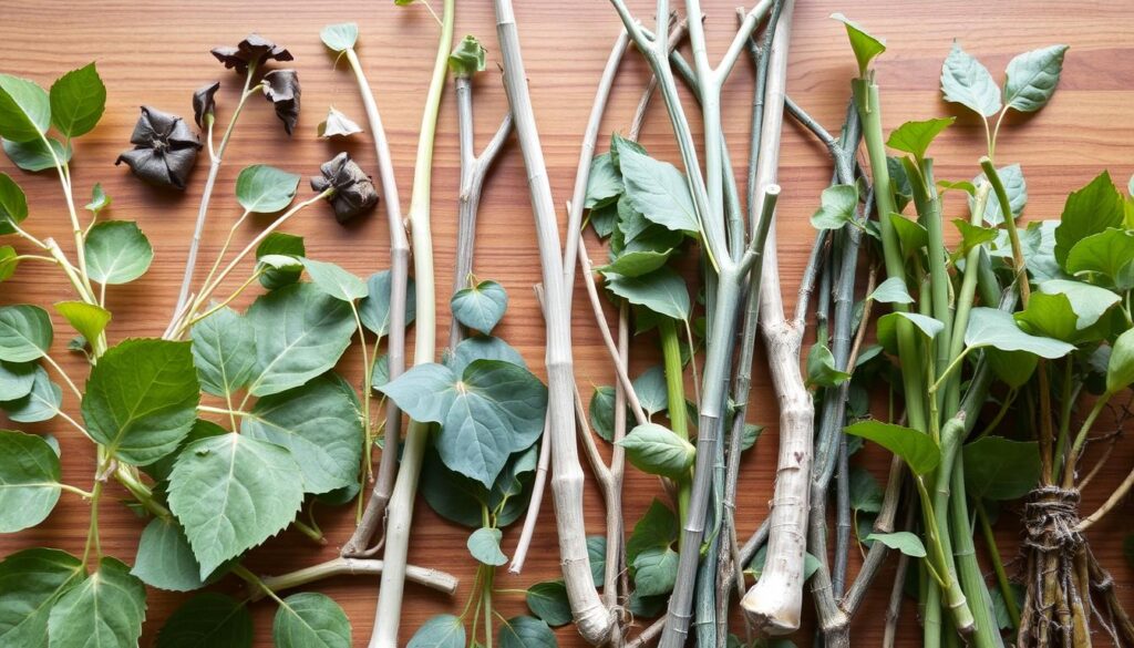Softwood, semi-hardwood, and hardwood cuttings of various plants arranged on a wooden surface. Diverse leaf shapes and textures, with stems in different shades of green, brown, and gray. Soft, natural lighting illuminates the scene, highlighting the delicate structures and intricate details. The cuttings are displayed in an organized, educational manner, inviting the viewer to closely examine and understand the distinct characteristics of each type of cutting. The overall atmosphere is calm, informative, and conducive to understanding the propagation process. Softwood, semi-hardwood, and hardwood cuttings of various plants arranged on a wooden surface. Diverse leaf shapes and textures, with stems in different shades of green, brown, and gray. Soft, natural lighting illuminates the scene, highlighting the delicate structures and intricate details. The cuttings are displayed in an organized, educational manner, inviting the viewer to closely examine and understand the distinct characteristics of each type of cutting. The overall atmosphere is calm, informative, and conducive to understanding the propagation process.