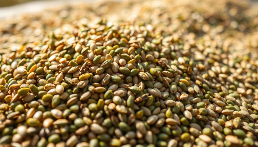 Vibrant close-up of freshly harvested grass seeds, arranged in an organic, scattered pattern against a soft, blurred background. The seeds are depicted with exceptional detail, showcasing their diverse shapes, textures, and natural hues ranging from verdant greens to earthy browns. Soft, diffused natural lighting gently illuminates the scene, creating a warm, inviting atmosphere. The composition emphasizes the importance of carefully selecting the right grass seeds to achieve a lush, healthy lawn tailored to the specific environmental conditions.