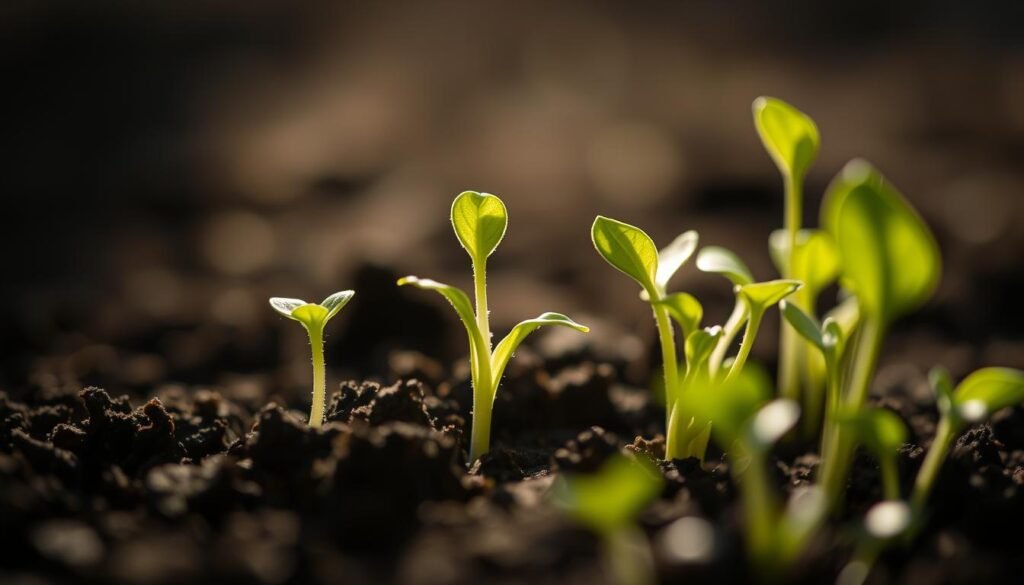 Vibrant seedlings emerging from the soil, their delicate leaves reaching towards the light. Crisp shadows cast by a directional beam, illuminating the gentle curves and textures of the young plants. A sense of fragility and potential, the seedlings poised for growth. Soft, diffused illumination bathes the scene, creating a mood of serene anticipation. Slight imperfections and uneven growth add to the natural, authentic feel. Captured with a macro lens to emphasize the intricate details, the composition centers the seedlings as the focal point.