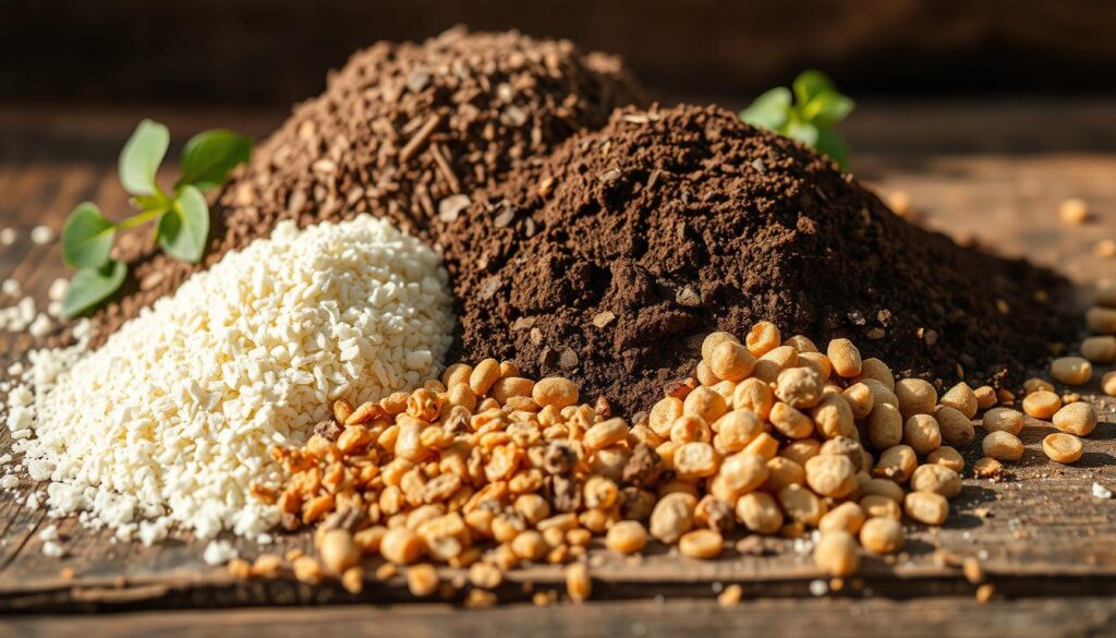 a detailed macro close-up photograph of various soil amendments and organic fertilizers, including compost, peat moss, vermiculite, and slow-release organic granules, arranged neatly on a rustic wooden surface with natural lighting from the side, creating a warm and earthy tone, capturing the textures and colors of the different materials to illustrate their role in improving soil fertility and plant growth a detailed macro close-up photograph of various soil amendments and organic fertilizers, including compost, peat moss, vermiculite, and slow-release organic granules, arranged neatly on a rustic wooden surface with natural lighting from the side, creating a warm and earthy tone, capturing the textures and colors of the different materials to illustrate their role in improving soil fertility and plant growth