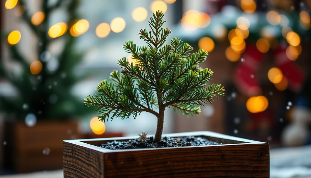 a dwarf alberta spruce tree growing in a rustic wooden planter, with soft warm lighting highlighting its lush green foliage and intricate branch structure, set against a cozy holiday background with a gentle snowfall and twinkling fairy lights, creating a charming and festive atmosphere, shot from a low angle to emphasize the compact and visually striking form of the miniature evergreen, using a shallow depth of field to draw the viewer's attention to the delicate details of the plant a dwarf alberta spruce tree growing in a rustic wooden planter, with soft warm lighting highlighting its lush green foliage and intricate branch structure, set against a cozy holiday background with a gentle snowfall and twinkling fairy lights, creating a charming and festive atmosphere, shot from a low angle to emphasize the compact and visually striking form of the miniature evergreen, using a shallow depth of field to draw the viewer's attention to the delicate details of the plant