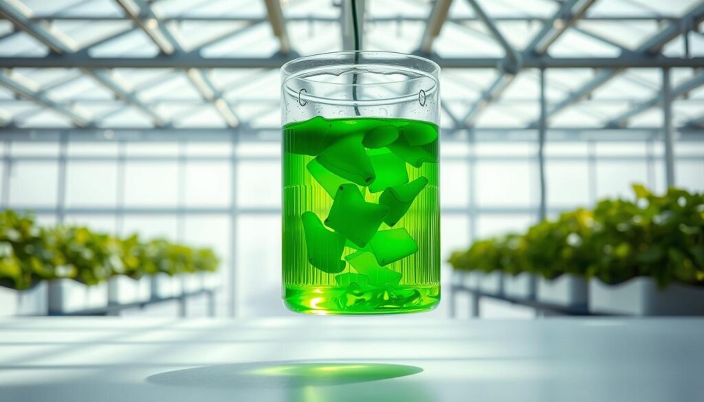 a transparent glass container filled with a vibrant green nutrient solution, suspended in a well-lit, minimalist greenhouse setting. The liquid has a slightly viscous, gently swirling texture, illuminated from below by soft, natural lighting that casts subtle shadows. The container is positioned on a sleek, modern table or workbench, with a sharp, high-contrast focus on the solution's intricate chemical composition. The overall scene conveys a sense of precision, scientific inquiry, and the careful craftsmanship required to maintain a thriving hydroponic system. a transparent glass container filled with a vibrant green nutrient solution, suspended in a well-lit, minimalist greenhouse setting. The liquid has a slightly viscous, gently swirling texture, illuminated from below by soft, natural lighting that casts subtle shadows. The container is positioned on a sleek, modern table or workbench, with a sharp, high-contrast focus on the solution's intricate chemical composition. The overall scene conveys a sense of precision, scientific inquiry, and the careful craftsmanship required to maintain a thriving hydroponic system.