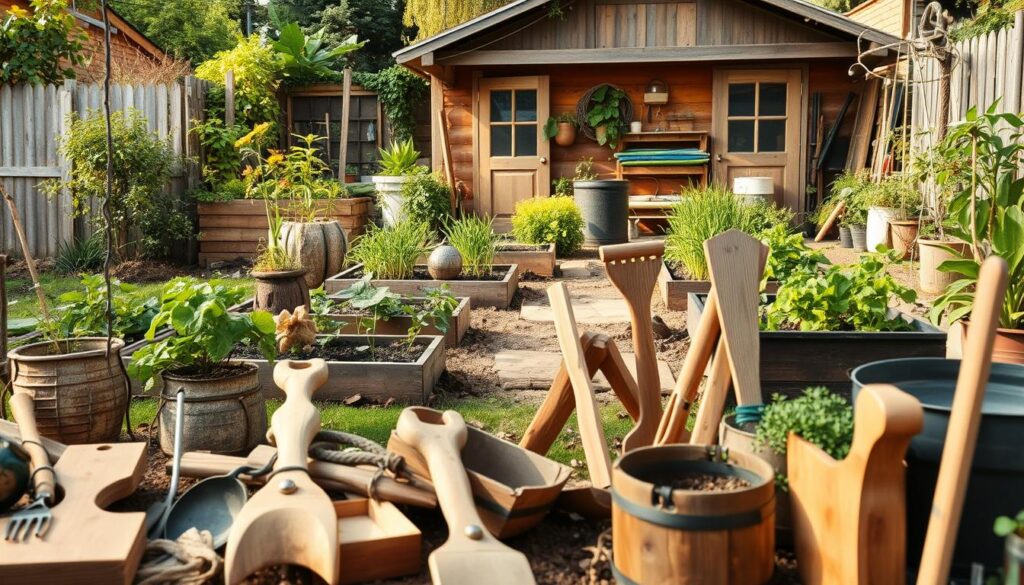 A DIY garden workshop with various handcrafted tools and projects in the foreground. In the middle ground, a lush, vibrant garden with raised beds, a compost bin, and other homemade structures. The background features a cozy, rustic shed or workshop, bathed in warm, natural lighting. The overall atmosphere conveys a sense of self-sufficiency, sustainability, and the joy of creating your own gardening solutions. The scene is captured with a shallow depth of field, emphasizing the intricate details of the DIY projects. A DIY garden workshop with various handcrafted tools and projects in the foreground. In the middle ground, a lush, vibrant garden with raised beds, a compost bin, and other homemade structures. The background features a cozy, rustic shed or workshop, bathed in warm, natural lighting. The overall atmosphere conveys a sense of self-sufficiency, sustainability, and the joy of creating your own gardening solutions. The scene is captured with a shallow depth of field, emphasizing the intricate details of the DIY projects.