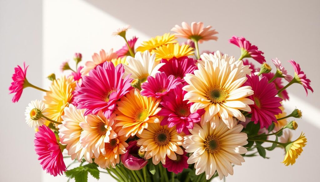 A beautiful bouquet of freshly cut flowers, arranged with care and grace. The blooms burst with vibrant hues, from delicate pastels to bold, saturated tones. Sunlight filters through the petals, casting a warm, golden glow over the arrangement. The flowers are set against a clean, minimalist backdrop, allowing their natural beauty to take center stage. The composition is balanced and visually striking, with a sense of movement and dynamism that draws the viewer in. This image perfectly captures the joy and abundance of a thriving cutting garden, where fresh, free bouquets can be enjoyed all season long. A beautiful bouquet of freshly cut flowers, arranged with care and grace. The blooms burst with vibrant hues, from delicate pastels to bold, saturated tones. Sunlight filters through the petals, casting a warm, golden glow over the arrangement. The flowers are set against a clean, minimalist backdrop, allowing their natural beauty to take center stage. The composition is balanced and visually striking, with a sense of movement and dynamism that draws the viewer in. This image perfectly captures the joy and abundance of a thriving cutting garden, where fresh, free bouquets can be enjoyed all season long.