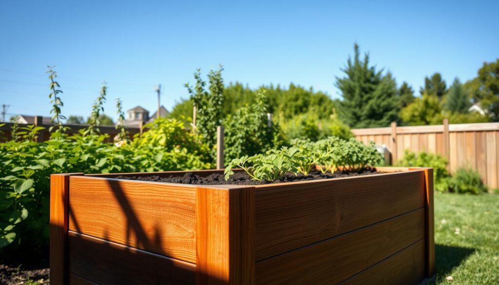 A beautifully crafted raised garden bed in a sun-dappled backyard. The sturdy wooden frame, stained a rich chestnut hue, stands tall against a lush green backdrop of flourishing plants and a clear blue sky. The soil within the bed is dark and nutrient-rich, ready to nurture a variety of thriving vegetables, herbs, and flowers. The angled view showcases the thoughtful design, with gently sloping sides and a level surface for easy access. Soft shadows play across the textured wood, creating a warm, inviting atmosphere. The scene exudes a sense of calm productivity, perfect for the homeowner's DIY gardening project. A beautifully crafted raised garden bed in a sun-dappled backyard. The sturdy wooden frame, stained a rich chestnut hue, stands tall against a lush green backdrop of flourishing plants and a clear blue sky. The soil within the bed is dark and nutrient-rich, ready to nurture a variety of thriving vegetables, herbs, and flowers. The angled view showcases the thoughtful design, with gently sloping sides and a level surface for easy access. Soft shadows play across the textured wood, creating a warm, inviting atmosphere. The scene exudes a sense of calm productivity, perfect for the homeowner's DIY gardening project.