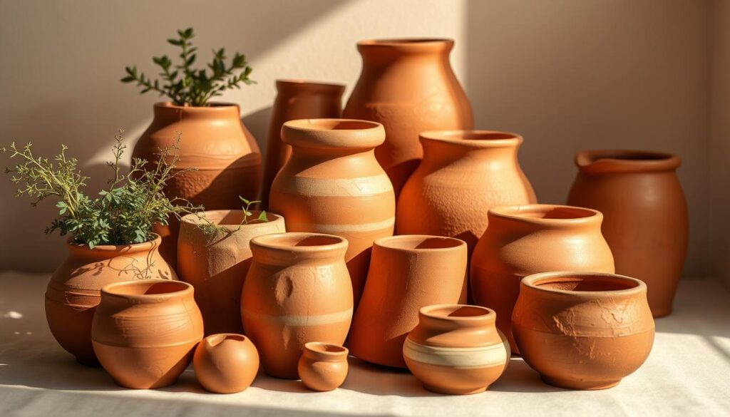 A beautifully lit, high-resolution photograph of a collection of handcrafted clay pots in various earthy tones, such as terracotta, ochre, and burnt sienna. The pots are arranged in a natural, organic composition, with varying sizes and shapes, some with subtle textural details and glazed finishes. The scene is set against a soft, neutral background, allowing the pots to take center stage. Warm, directional lighting casts gentle shadows, highlighting the depth and dimensionality of the clay forms. The overall mood is one of rustic simplicity and timeless craftsmanship, perfectly suited to illustrate the "Material-Specific Care: Plastic, Clay/Terracotta, Ceramic, and Fabric Pots" section of the article. A beautifully lit, high-resolution photograph of a collection of handcrafted clay pots in various earthy tones, such as terracotta, ochre, and burnt sienna. The pots are arranged in a natural, organic composition, with varying sizes and shapes, some with subtle textural details and glazed finishes. The scene is set against a soft, neutral background, allowing the pots to take center stage. Warm, directional lighting casts gentle shadows, highlighting the depth and dimensionality of the clay forms. The overall mood is one of rustic simplicity and timeless craftsmanship, perfectly suited to illustrate the "Material-Specific Care: Plastic, Clay/Terracotta, Ceramic, and Fabric Pots" section of the article.