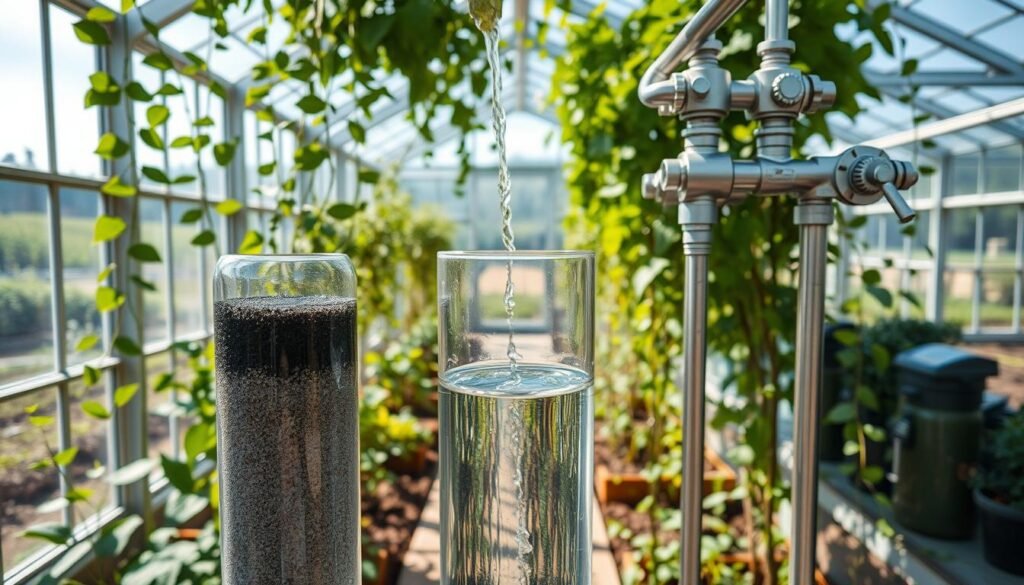 A bright, clear image of a water filtration system in a lush greenhouse setting. In the foreground, a transparent glass vessel filled with cascading water, its inner layers of activated carbon and sand visible. Behind it, a series of stainless steel pipes and valves, artfully arranged to guide the water flow. The middle ground features verdant foliage, trailing vines, and sunlight streaming through the greenhouse's glass panels. In the background, a view of the greenhouse's exterior, with a serene garden landscape in the distance. The overall scene conveys a sense of purity, efficiency, and harmony between technology and nature.