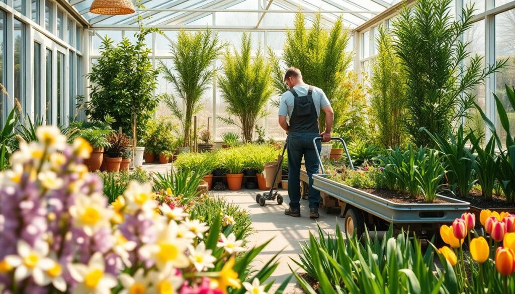 A bright, sun-dappled greenhouse interior, with a hardworking gardener tending to the lush foliage. In the foreground, a profusion of spring blooms - fragrant hyacinths, cheerful daffodils, and delicate tulips. The middle ground features neatly organized gardening tools, freshly cleaned terracotta pots, and a small wheeled cart laden with soil and compost. The background showcases towering, verdant plants casting soft shadows across the scene, as warm beams of light filter through the glass panes. The atmosphere radiates a sense of renewal, productivity, and tranquility.