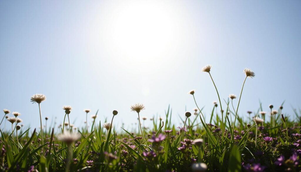 A bright, warm day with a cloudless, azure sky. The sun, a brilliant golden orb, casts a radiant glow over a lush, verdant tapestry lawn. Soft, wispy yarrow flowers sway gently in the light breeze, their delicate blooms shimmering with dew. Creeping thyme carpets the ground, its tiny purple blossoms creating a tapestry of color and texture. The scene exudes a sense of tranquility and natural harmony, inviting the viewer to bask in the warmth and serenity of the full sun. A bright, warm day with a cloudless, azure sky. The sun, a brilliant golden orb, casts a radiant glow over a lush, verdant tapestry lawn. Soft, wispy yarrow flowers sway gently in the light breeze, their delicate blooms shimmering with dew. Creeping thyme carpets the ground, its tiny purple blossoms creating a tapestry of color and texture. The scene exudes a sense of tranquility and natural harmony, inviting the viewer to bask in the warmth and serenity of the full sun.