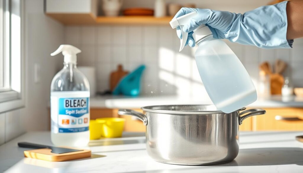A bright, well-lit kitchen counter with a bottle of bleach, a spray bottle, and a scrub brush. In the foreground, a hand wearing rubber gloves is disinfecting a pot by spraying it with the bleach solution. The pot has a slightly worn, used appearance, reflecting the need for cleaning. The background shows a tidy, organized kitchen space, conveying a sense of cleanliness and order. The lighting is natural, with soft shadows and highlights that accentuate the cleaning process. The overall mood is one of a practical, efficient cleaning routine. A bright, well-lit kitchen counter with a bottle of bleach, a spray bottle, and a scrub brush. In the foreground, a hand wearing rubber gloves is disinfecting a pot by spraying it with the bleach solution. The pot has a slightly worn, used appearance, reflecting the need for cleaning. The background shows a tidy, organized kitchen space, conveying a sense of cleanliness and order. The lighting is natural, with soft shadows and highlights that accentuate the cleaning process. The overall mood is one of a practical, efficient cleaning routine.